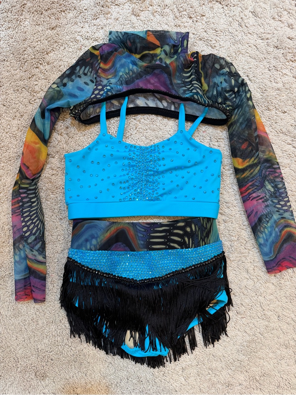 Jazz dance costume Turquoise Dance Set with Sheer Multicolor Shrug